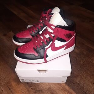 Nike Red and Black Ladies Air Jordan Mid 1 Sneakers